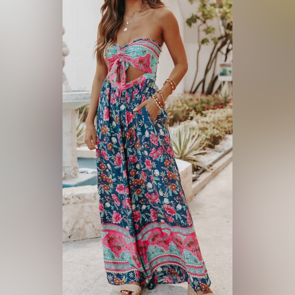 Strapless Navy Mixed Print Jumpsuit